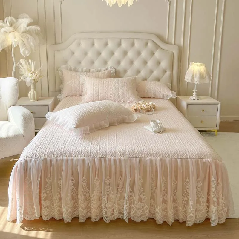 

AI WINSURE-Romantic Lace Summer Bedspread, Quilted Bed Cover, Bed Skirt Set, Queen and King Size, with 2 Pillowcases, 150x200