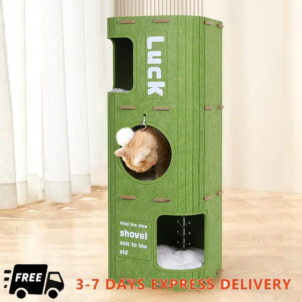 

3-Tier Green Felt Cat Bed Multifunction Square Cat Climbing Frame Creative Cat Bucket for Multi-Cat Family Pet Entertain Nest