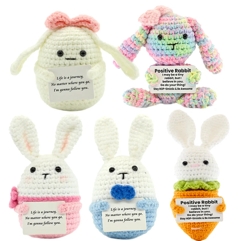 Muñeco de Ganchillo de Conejo de la Serie Animal, con Energía Positiva, Hecho a Mano, Adorno Decorativo con Tarjeta de Motivación, Mini Decoración de Escritorio, Regalo