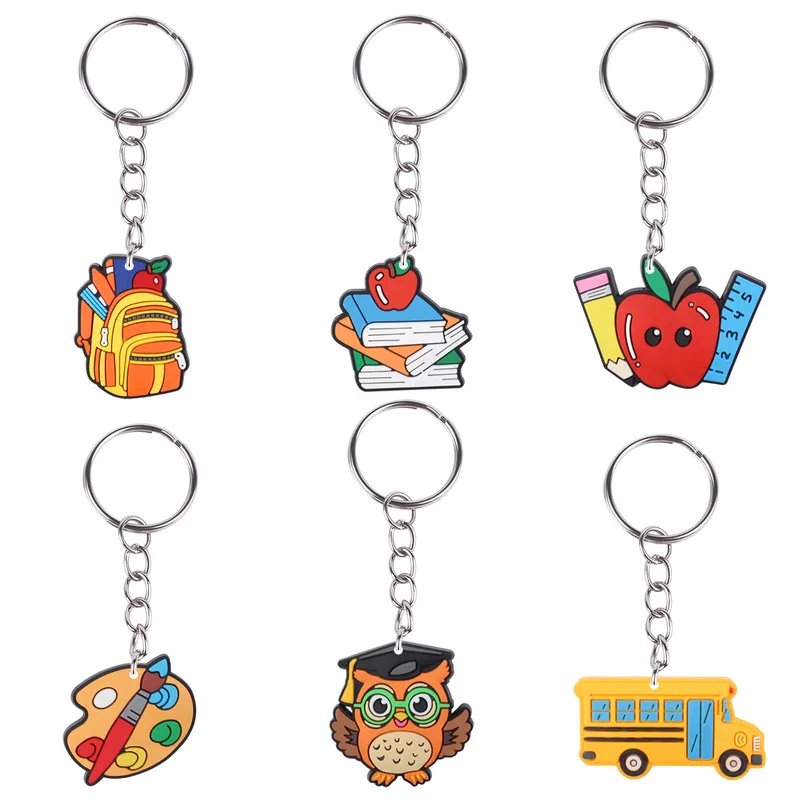Wholesale Mixed 6 Styles School Keychain Soft PVC Back to School Key Ring Backpack Apple Owl Bus Pendant Teacher Student Gift