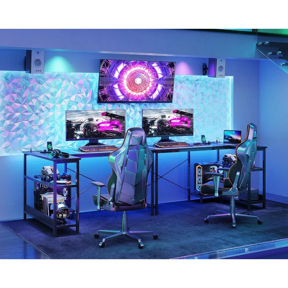 Gaming Desk 48 Inch Small L-Shaped with Power Outlets, Corner Desk, Reversible Shelves, and PC Stand for Small Spaces
