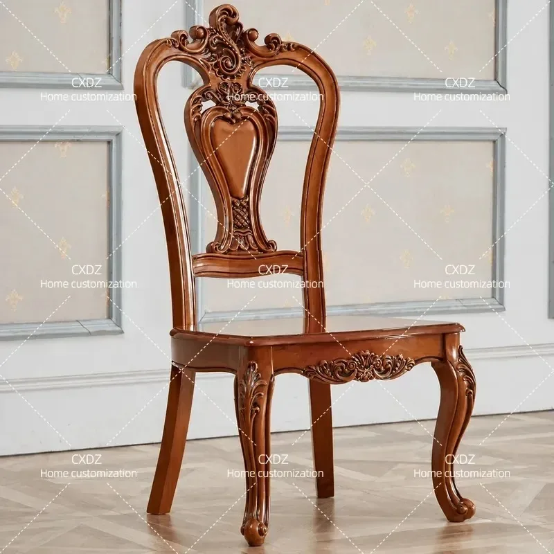 Solid Wood Oak Leather Dining Chair Double Sided Engraved Hotel Chair American Desk Chair European Style