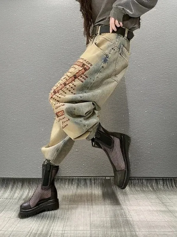 

Spring New Arrival Women's Loose High Waist Nine-Piece Denim Pants Harlan Sle Casual Wear Antibacterial Deep Blue Jeans