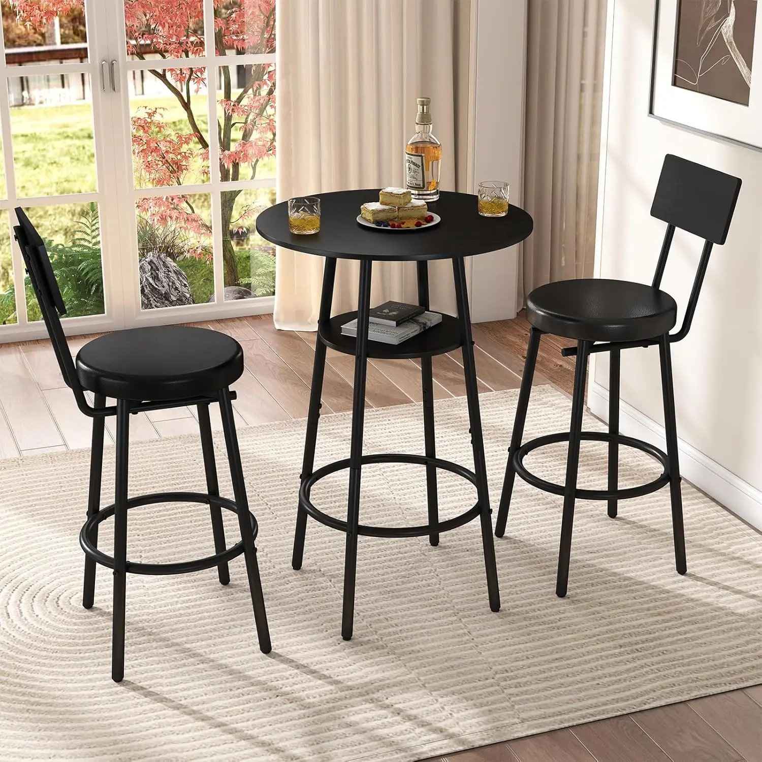 3-Piece Round Bar Table Set with Storage, Black Kitchen Dining Table for Two and Cushioned Stools