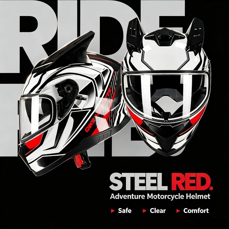 QIKE Iron Warrior Red Full Face Motorcycle Helmet DOT Approved Motorbike Racing Helmet