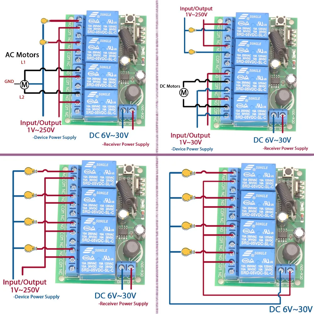 Universal Remote Control 433MHz RF Wireless Switch DC 6V 12V 24V 4Ch Relay Receiver and Transmitter for Lamp Garage Door Motor