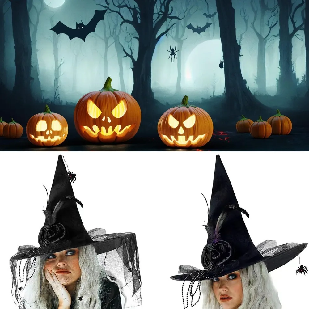 Sombrero de bruja de Halloween de araña negra, sombrero de mago plisado de punto cómodo con velo negro, accesorios de disfraz de bruja de plumas y flores