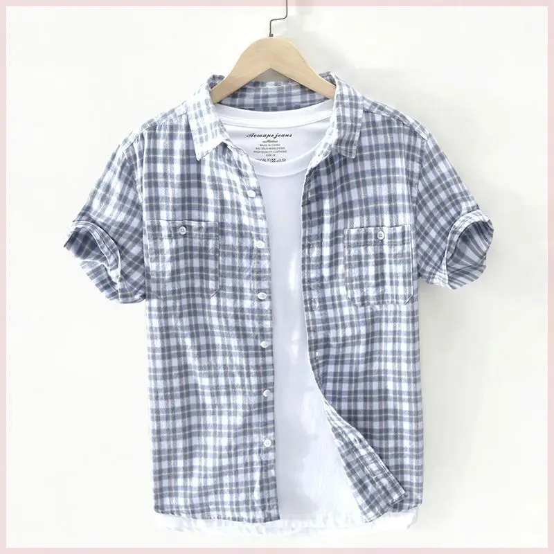 

New Summer Boyfriend 2024 Spliced Square Collar Button Plaid Pocket Fashion Minimalist Comfortable Slim Fit Short Sleeve Shirts