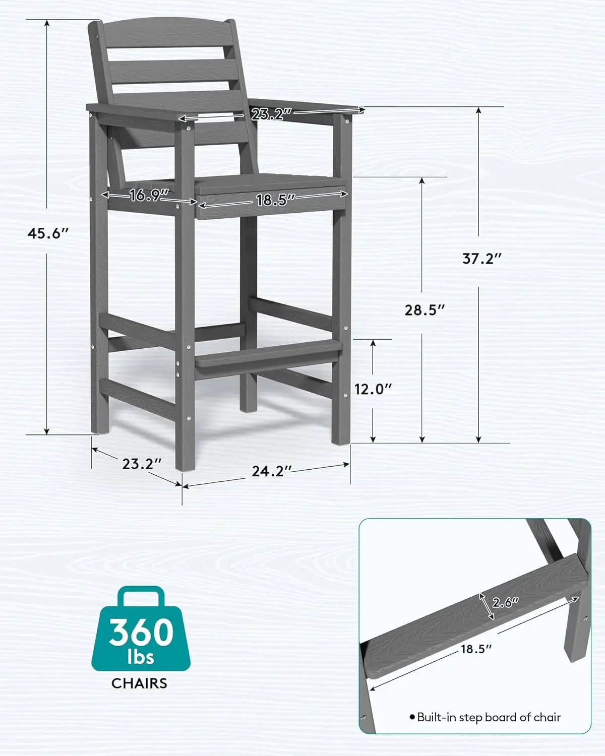 Conjunto de 2 cadeiras altas, conjunto de cadeiras Adirondack para varanda, conjunto de cadeiras de altura de bar ao ar livre para bistrô, piscina, jardim, cinza