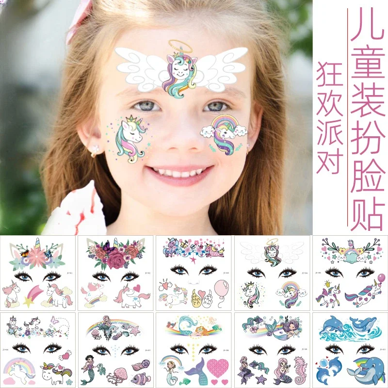 Children‘s Party Face Makeup Decoration Tattoo Sticker Unicorn Mermaid Animal Fun Temporary Tattoo Sticker Water Transfer 1pc