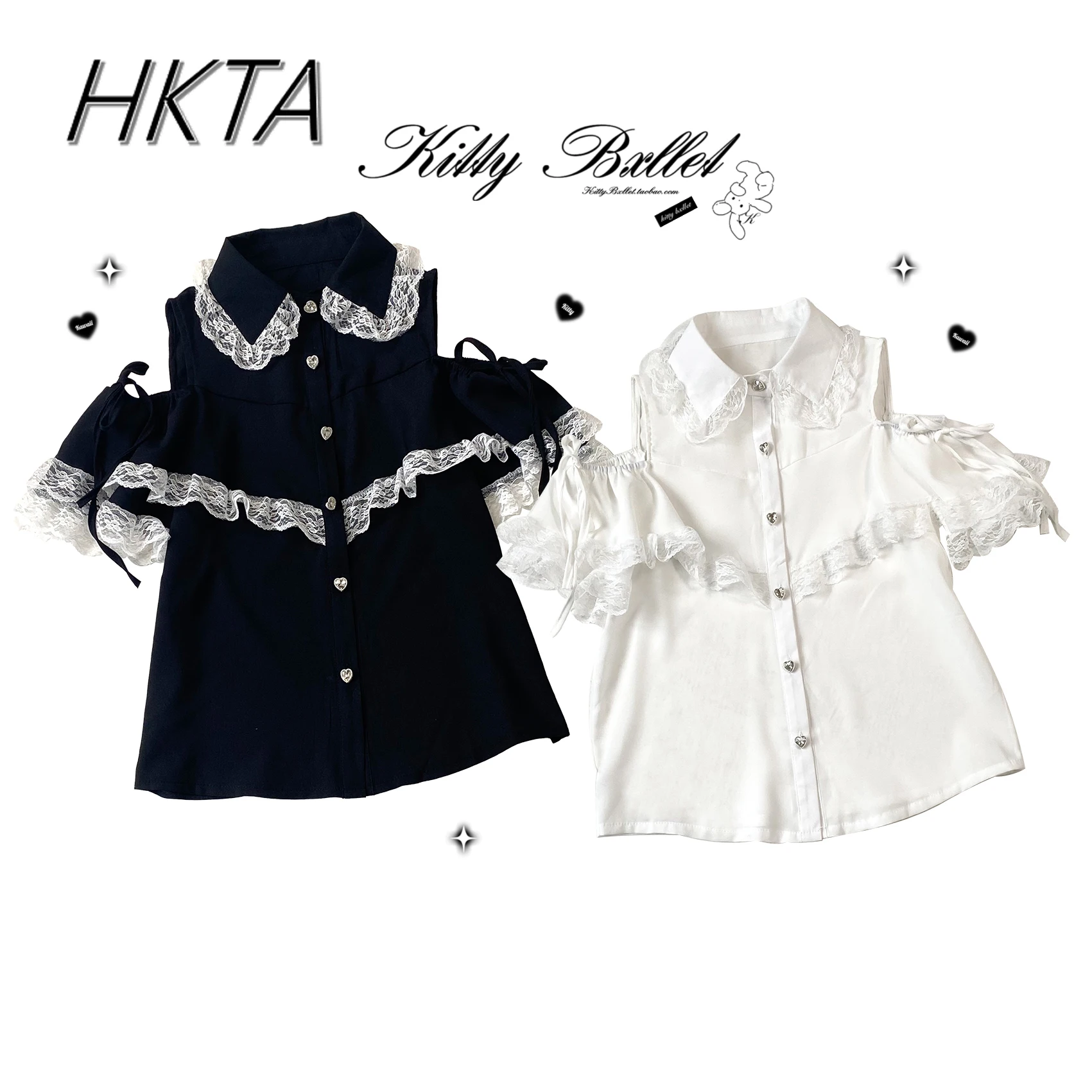 Lolita Shirts Women Blouse Love Rhinestone Ribbon Lace Off-the-Shoulder Mine White Shirt Girls Sweet Short Sleeve Blouse Summer