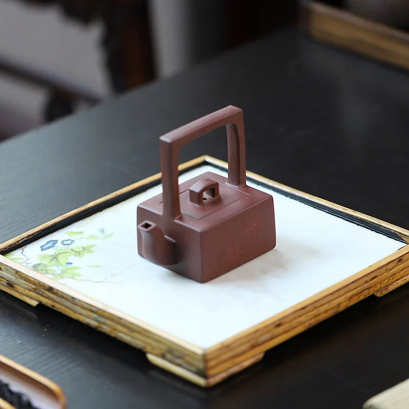 

High Quality Yixing Ore Purple Clay Handmade Small Capacity Square Lifting Handle Teapot Tea Set Household Gift