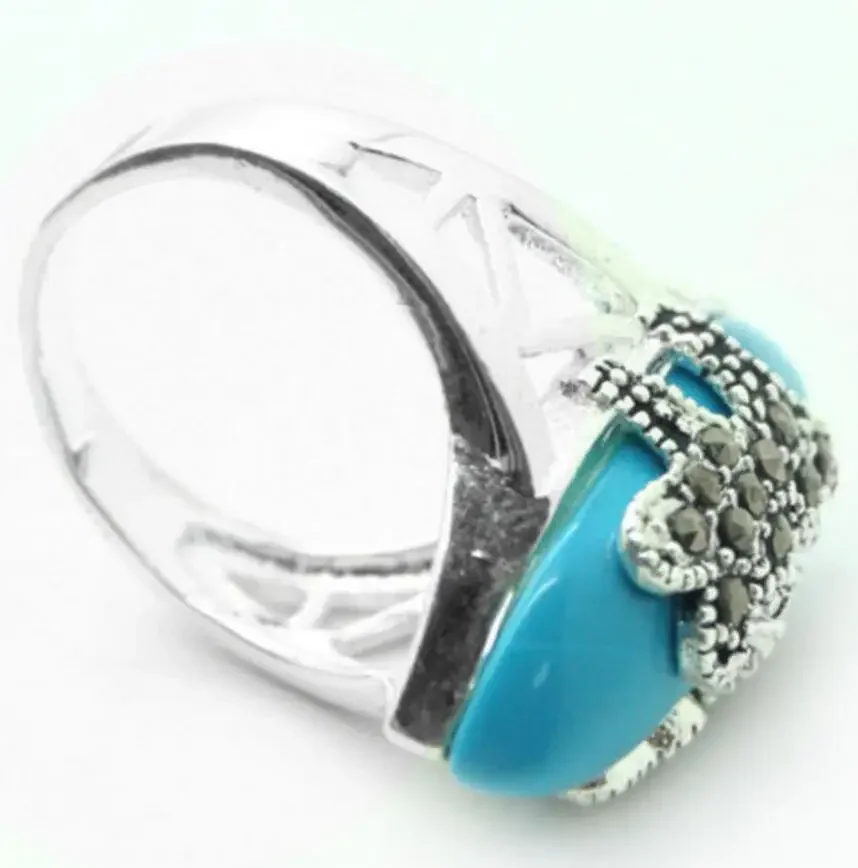 wholesale Rare Vintage Style Blue Natural jade & Marcasite 925 Silver Ring Size 7.8.9.10