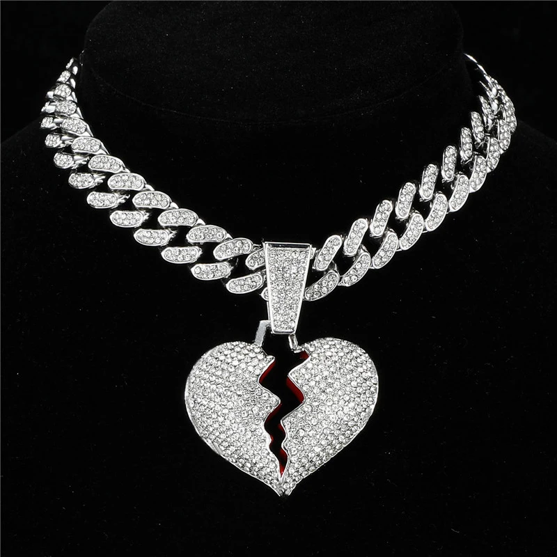 HIP HOP Iced Out Broken Heart Bling Pendants With 13mm Cuban Link Chain AAA+ Rhinestone Necklaces For Men's Women Rapper Jewelry