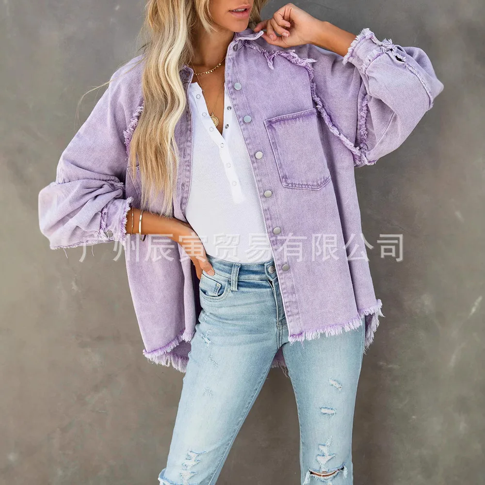 

Oversized Denim Jacket Vintage Washed Cropped Denim Jacket Raw Hem Asymmetric Denim Jacket Motorcycle Biker Distressed Coat