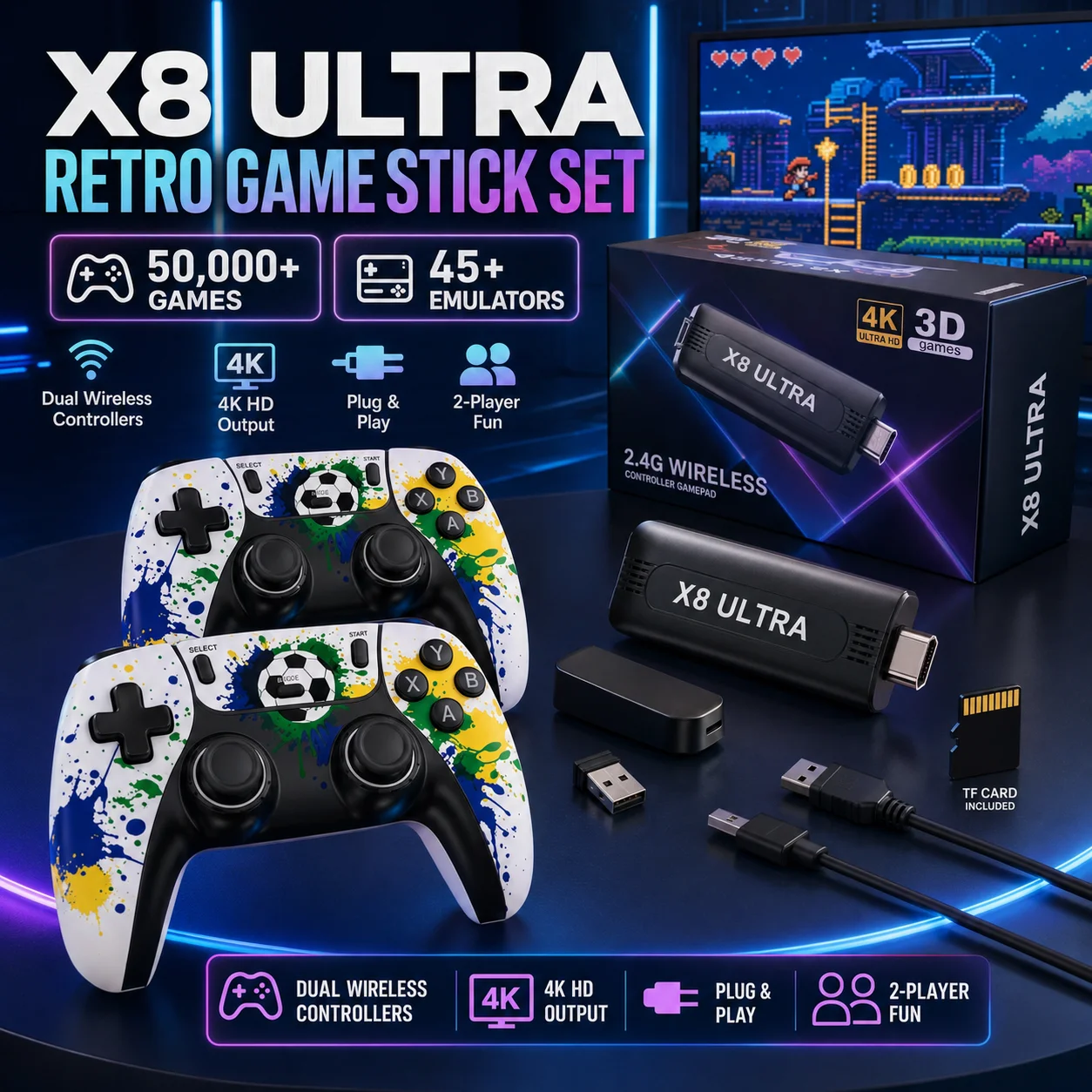 

Retro Game 4K HD TV Output Stick 50000+ Built-in Games Wireless Controllers Ergonomic Grip Long Battery Life Graffiti Design