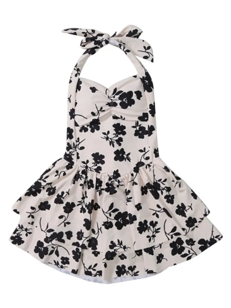 ผู้หญิงเซ็กซี่ Halter BANDAGE ดอกไม้พิมพ์ Double Layer Ruffle กระโปรงมินิ One Piece ชุดว่ายน้ําฤดูร้อน Push Up ชุดว่ายน้ําชายหาดชุดว่ายน้ํา