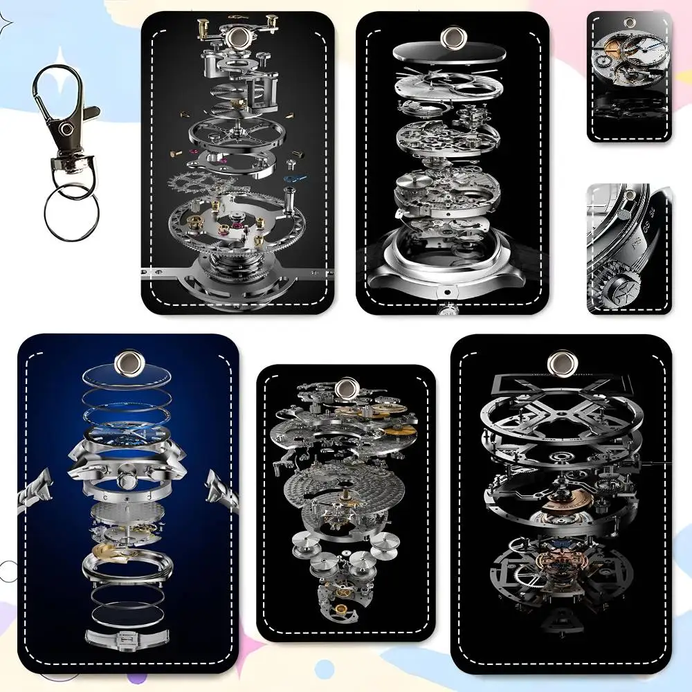 1pc Vintage Watch Mechanical Movement Card Case Keychain Access Card Bag Key Tag Ring Leather Card Holder Key Ring Access