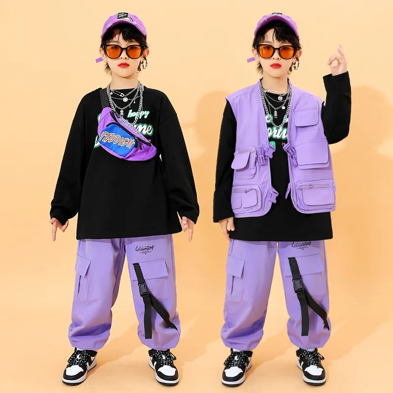 Kinder Hip Hop Sets Lila Weste Cargo Hosen Mädchen Streetwear Jungen Street Dance Jogger für Kinder Jazz Kostüm Kleidung