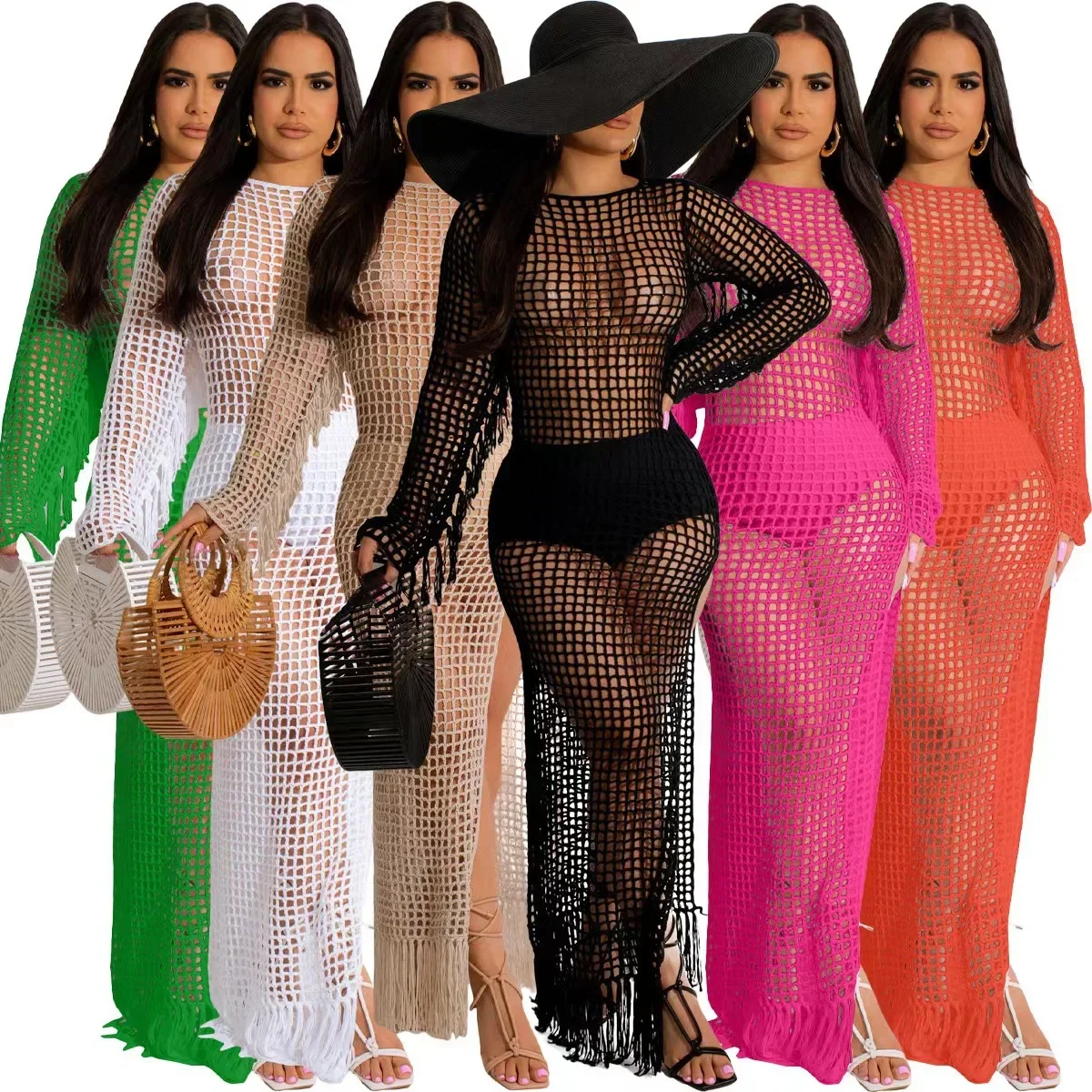 Hot Sexy Womens Maxi Dress Crochet Tassel Long Sleeve Hollow Out Knit Side Slit Bodycon Pencil Beach Dress 2024 Black Robes