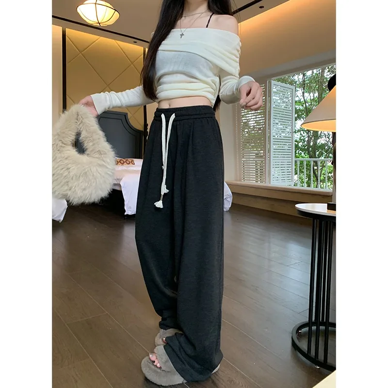 

2024 Casual Pants Women High Waist Loose Straight Leg Solid Color Trousers Office Lady Drawstring Versatile Fashion Pants Female