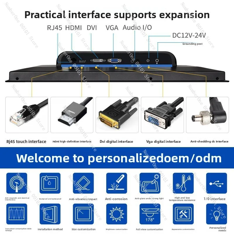 10/12/15/23.8 inch industrial display, cabinet embedded, waterproof industrial touch screen display