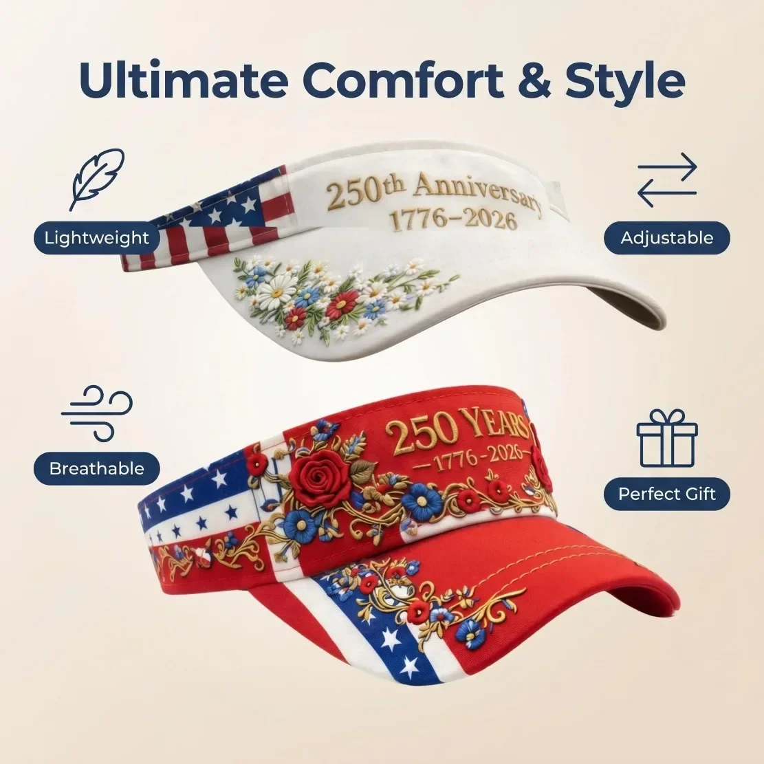 Customization 2pcs Set: American 250Th Anniversary Floral 2D Print Visor Hat. Women'S Summer Sun Protection Casual Hat