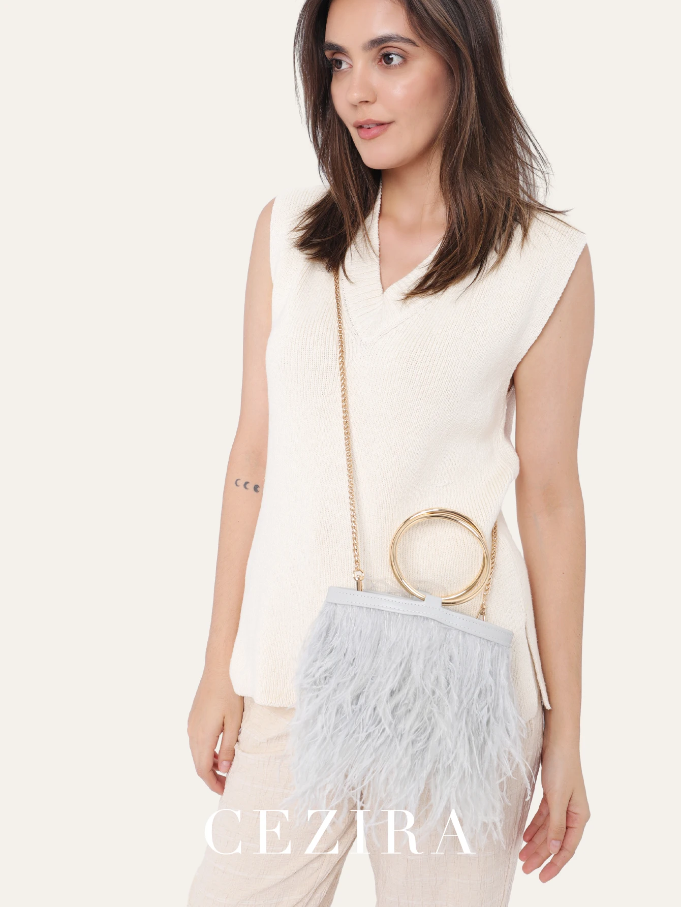 CEZIRA Luxury Ostrich Feathers Bucket Bags Women Drawstring Metal Ring Handles Chain Cross Body PU Leather Top-handle Handbags