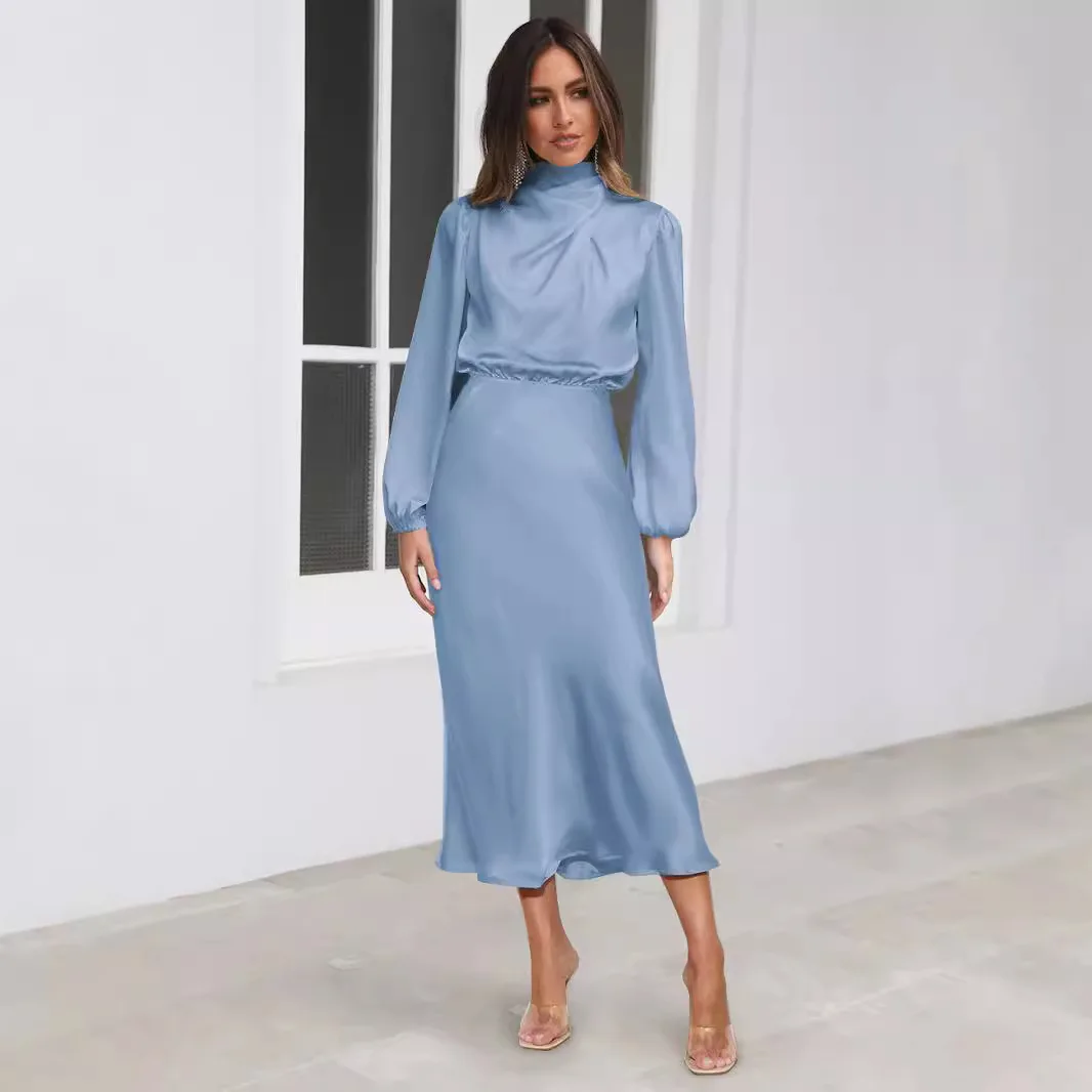 프랑스 디자인 드레스 모델 넥 롱 슬리브 드레스 새틴 셀럽 우아한 이브닝 드레스 2025 봄 여름 여성 의류