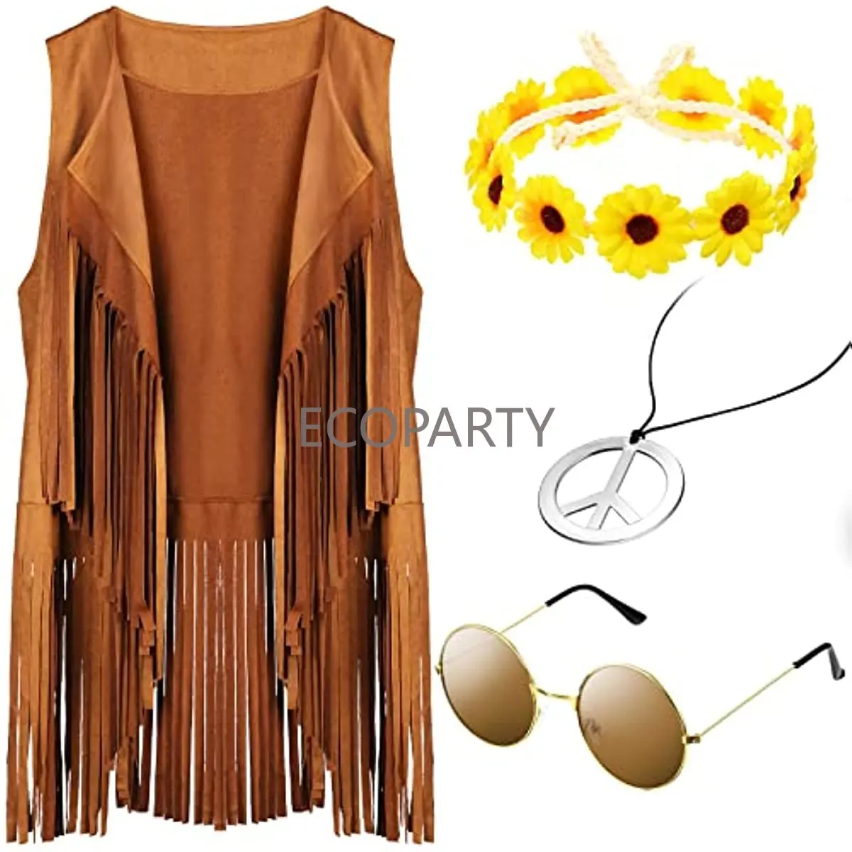 

4 Pieces 60s 70s Women Hippie Costume Set Fringe Vest with Faux Tassels Sunflower Hairband Peace Necklace Glasses