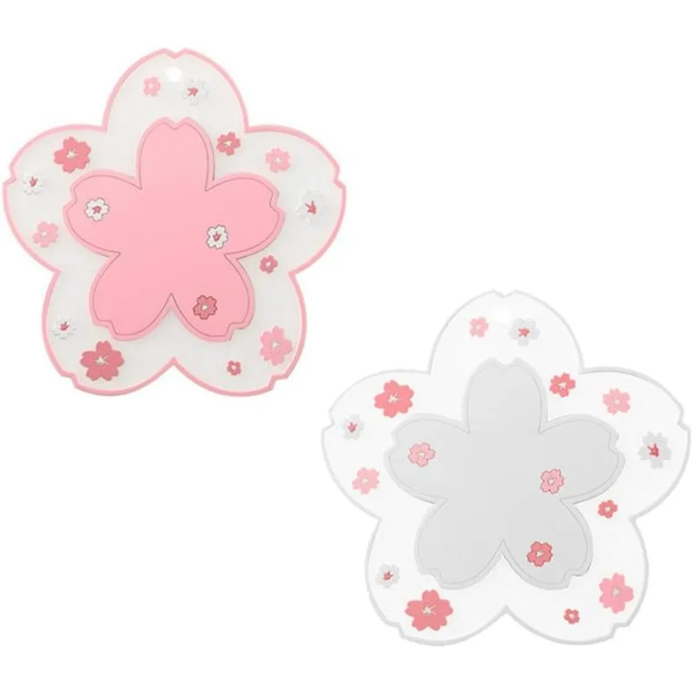 Cute Sakura Cherry Blossom Pattern PVC Coaster Set of 2 Pink Flower Tea Cup Mat Anti-Slip Drink Mug Pad for Desk Table Home Decor Kawaii Accessories Small Placemat