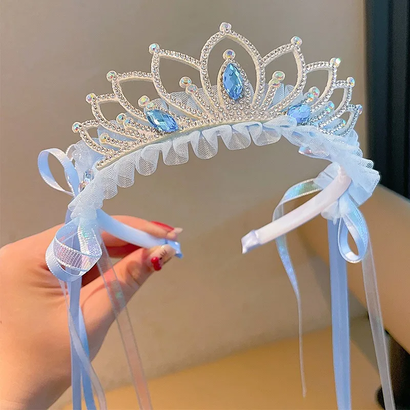 

Queen Elsa Diamond Crown Kids Sequins Pearl Ribbon Headband Princess Crown Little Girl Frozen Headband Birthday Hair Accessory