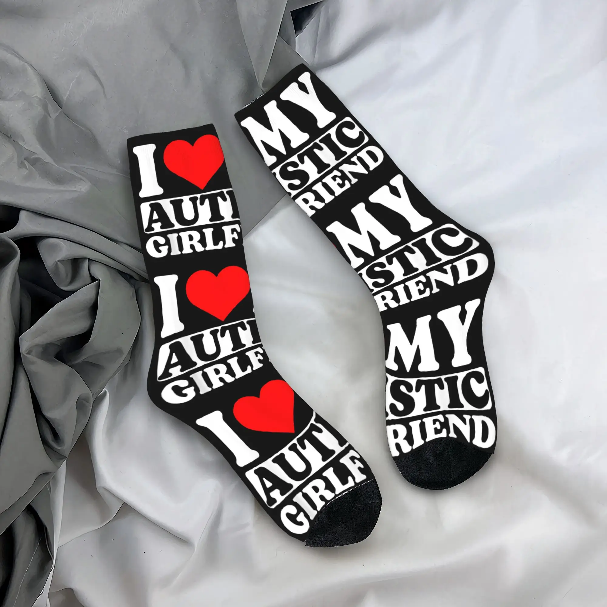 I Heart Love My Autistic Girlfriend Autumn Winter Stockings Retro UnisexSocks GF Girlfriend Gift Non-slip Basketball Socks