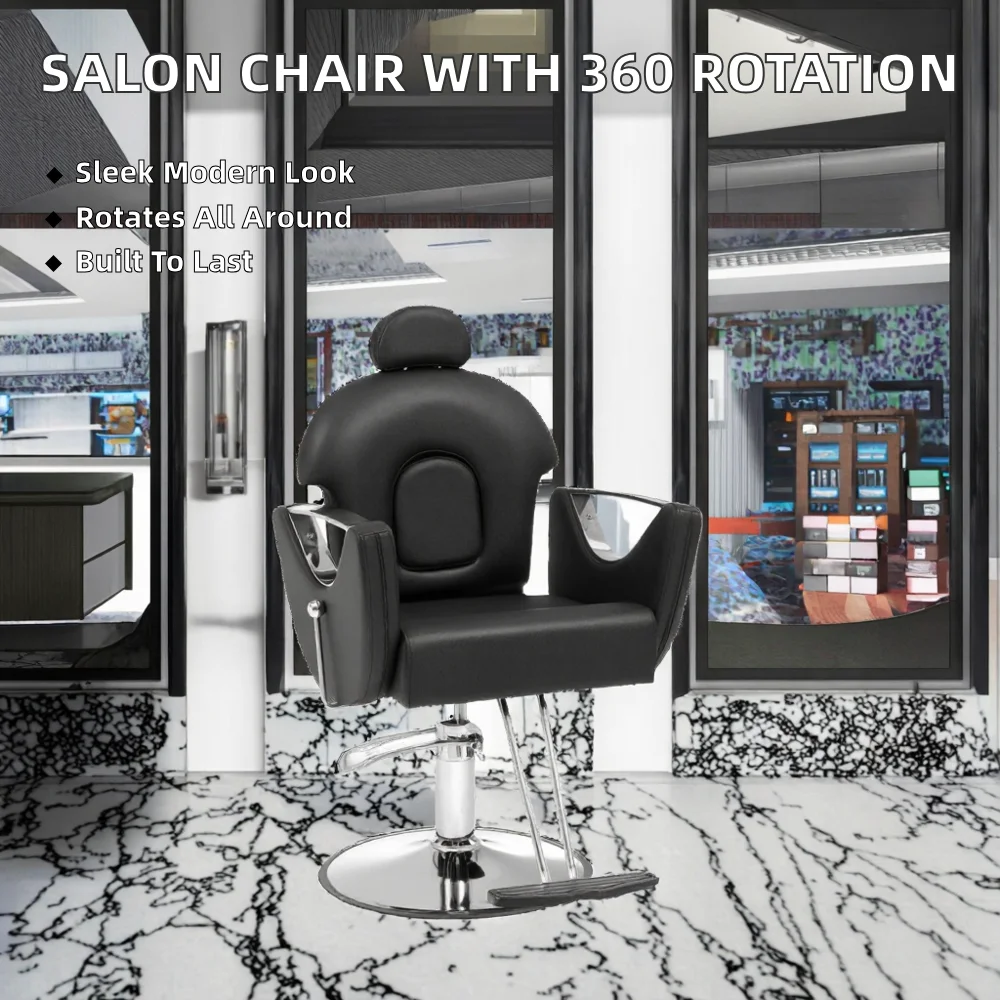 Professional Stainless Steel Barber Chair Black 360 Degree Rotating Commercial Furniture