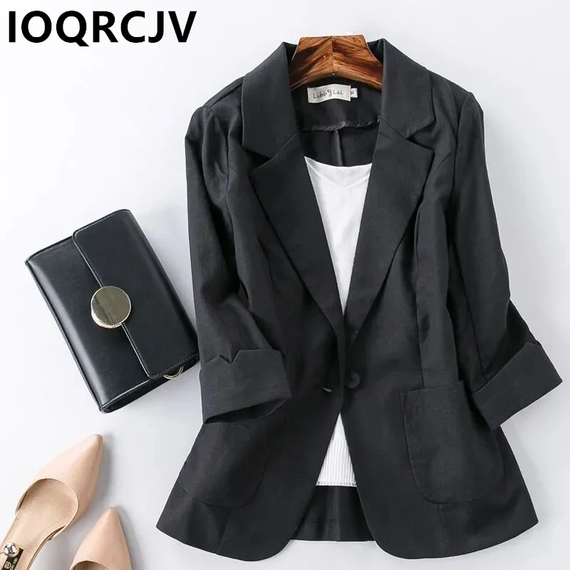 

2023 New Summer Cotton Linen Jacket Women Blazer Solid Single Button Notched Blazers Suits Coat Three Quarter Sleeve Outwear