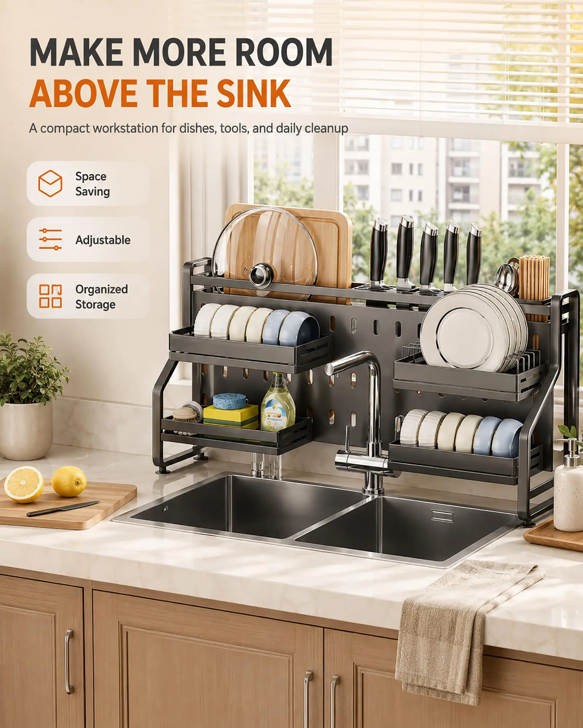 Over Sink Dish Drying Rack - Height Adjustable Drainer - Pegboard Counter Shelf - Space Saving Kitchen Organizer with