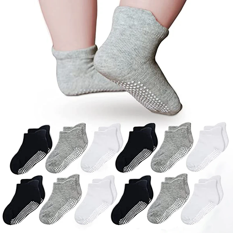 12 Pairs Basic Black, White and Grey Children's Socks, Adhesive Anti-Slip Socks, Baby Walker Socks, Boys' Socks and Girls' Socks