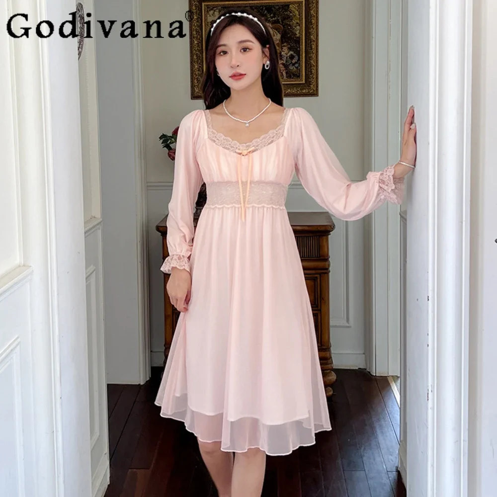 

Vintage Court Style Pajamas Elegant Princess Nightdress Women's Autumn Winter Nightgowns Sweet Lace Homewear Set Dress