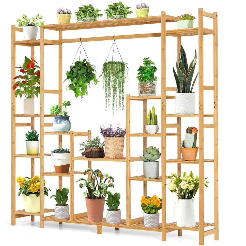 

Bamboo Plant Stand, with Hanging Rack & Anti-Dumping Device, Plant Holder Shelf, Corner Flower Pot Stand for Indoor Outdoor Use