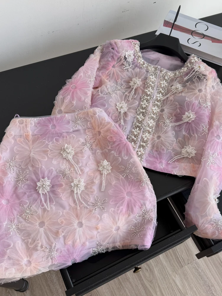 

Sweet Style Embroidered Flower Net Sleeveless Cardigan And Bodycon Skirt Two-Piece Set Women's Summer Fashion Outerwear