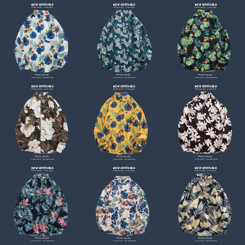 쿠바산 거친 면 민족 스타일 긴 소매 셔츠 봄과 가을 미국 남녀 기하학적 패턴 버튼 코트 셔츠