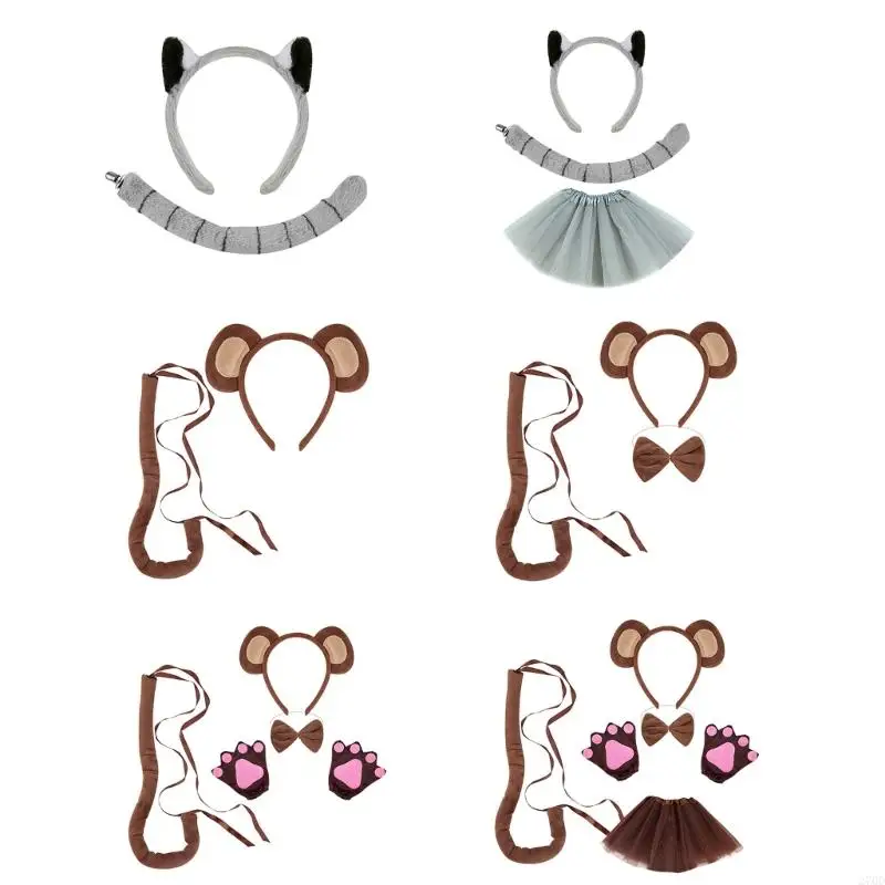 

270D Monkey Ear Headband Tail Bowtie Glove and Skirt Halloween Lemur Dress up Outfit