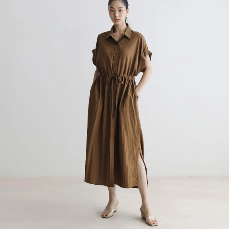 Johnature New Short-sleeved Shirt Dress Women Korean Loose Drawstring 2024 Summer Casual Simple Turn-down Collar Loose Dresses