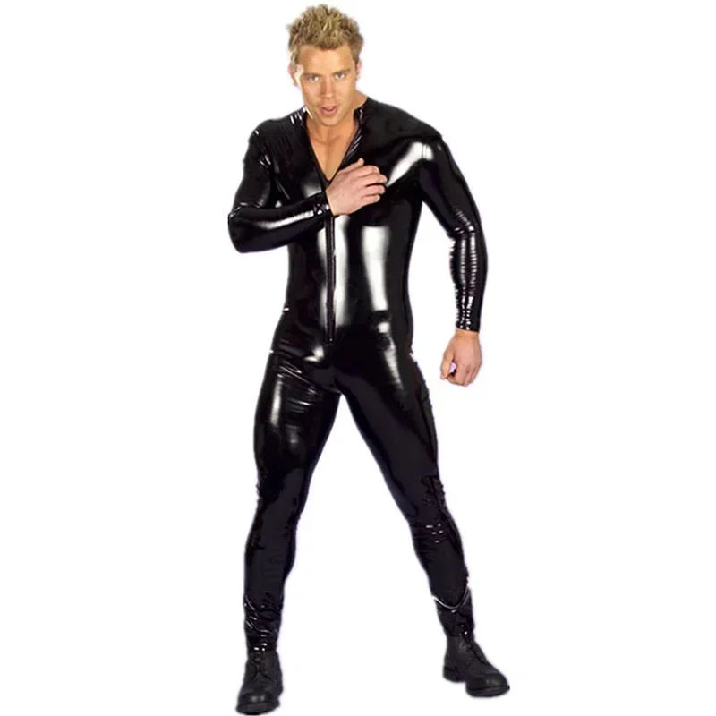 2XS-5XL Shiny Faux PU Leather Bodysuit Wet Look PVC Catsuit Mens Convex Pouch Leotard Tights Cosplay Jumpsuit Conjoined Unitard