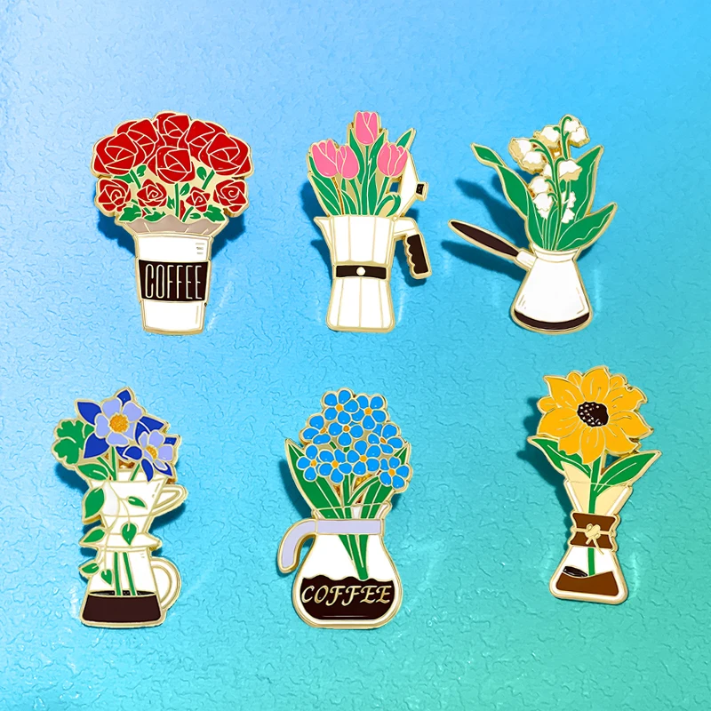 Cute Bouquet Flowers Pins 6-design Lily Tulip Sunflower Lilac Rose-flower Brooch Metal Pin For Clothes Backpack Lapel Badge Gift