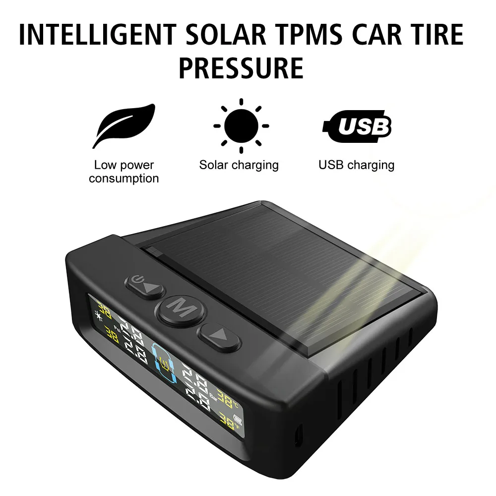 Sistema de Monitoramento de Pressão dos Pneus, Solar TPMS com 4 Sensores Externos, Aviso de Temperatura