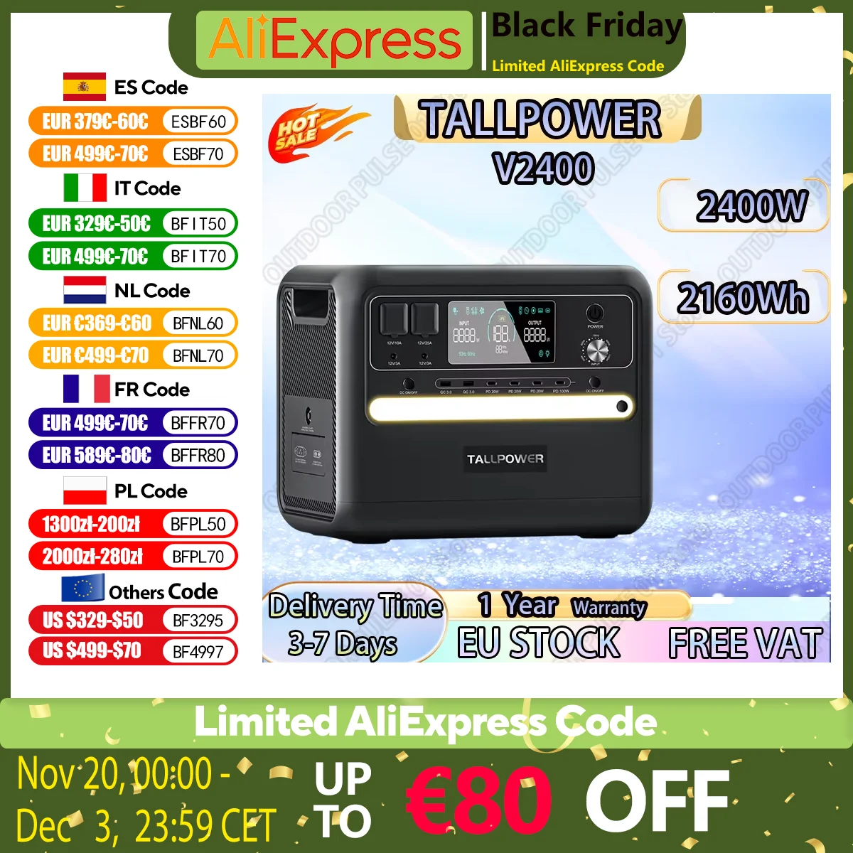 TALLPOWER V2400 centrale électrique Portable 2400W générateur solaire 2160Wh LiFePO4 batterie de secours à domicile Camping en plein air alimentation Mobile