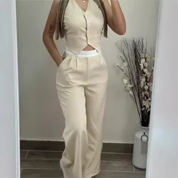 Elegant Two Piece Sets 2024 V-Neck Buttoned Vest Sleeveless Top & High Waist Pocket Straight Pant  Casual Streetwear Pants Set