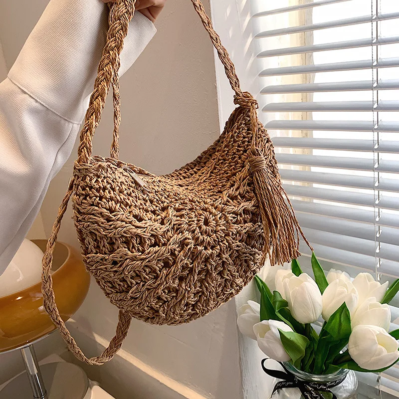 Mode Halbkreis Stroh Gewebt Schulter Umhängetasche Reise Kleine Handtasche Damen Sommer Handgemachte Rattan Quaste Design Strand Tasche – Detail 10