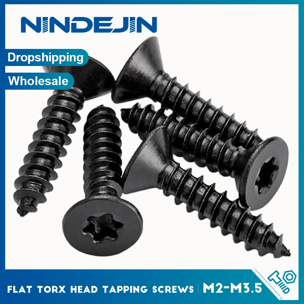 NINDEJIN Black Torx Flat Head Self Tapping Screw Black Zinc-Nickel Alloy Coating Hardened M2 M2.3 M2.6 M3 M3.5 Star Drive Screw